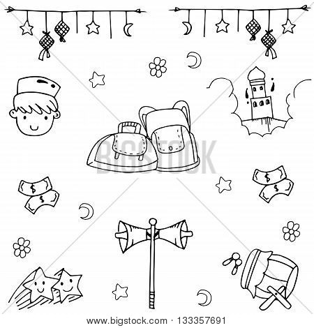 Set vector Eid Mubarak doodle for kids