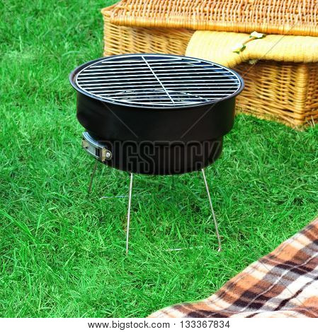 Romanic Weekend Picnic With Bbq Grill And Champagne Concept