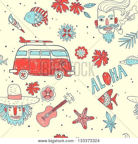 beach vacation. vector seamless pattern with summer doodles