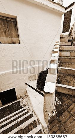 Narrow Street with Stairs in Italian City of Cetara Vintage Style Sepia