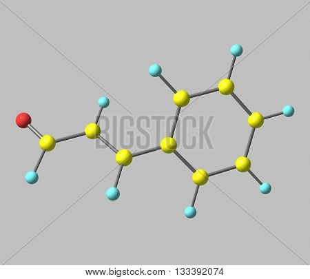 Cinnamaldehyde is the organic compound that gives cinnamon its flavor and odor. This pale yellow viscous liquid occurs naturally in the bark of cinnamon trees and other species of the genus Cinnamomum. 3d illustration