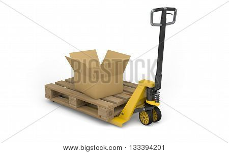 Pallet jack with pallet and cardboard box isolated on white. 3d rendering