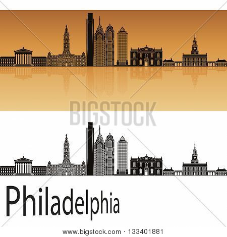 Philadelphia skyline in orange background in editable vector file