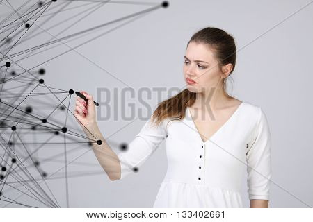 Worldwide network or wireless internet connection futuristic concept. Woman working with linked dots.