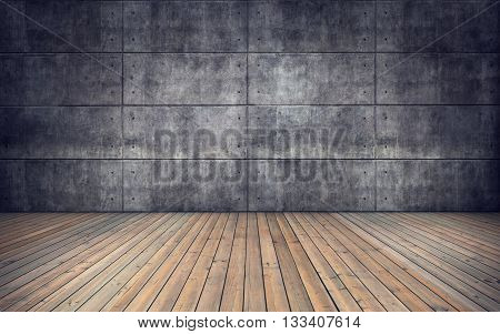 Empty room with wooden floor and concrete tiles wall background. 3drendering