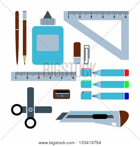 Set of schools supplies from student's backpack. Vector flat illustration.