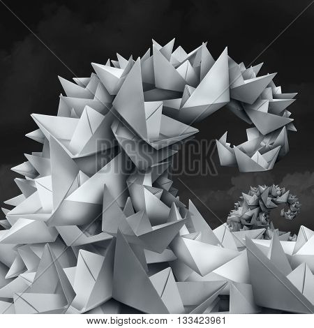 Business trends concept as a group of paper boats shaped as a giant wave and tide as a forecast metaphor for crowd funding and social media trend setting in a 3D illustration style.