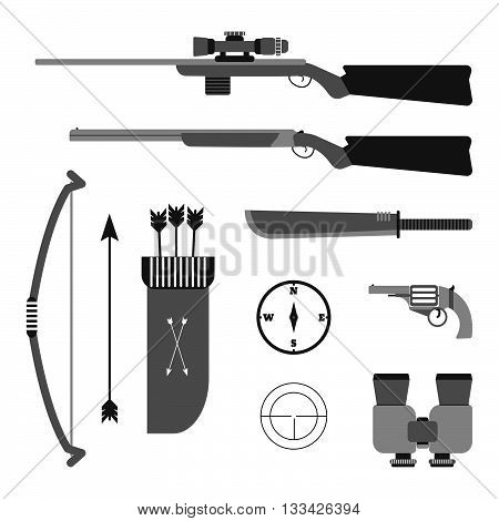 Hunting vector set. Flat style equipment. Isolated weapons and tools.