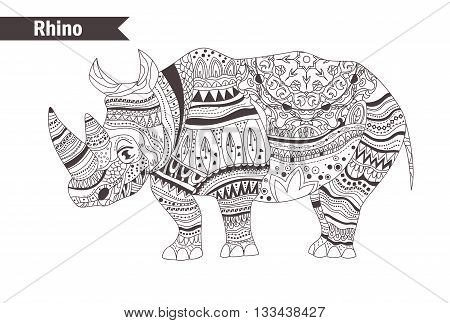 Zentangle style. Hand drawn vector isolated illustration on white background. Henna mehendi, tattoo sketch. Rhino