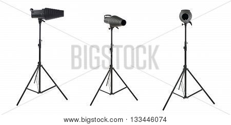 Set of Pulse studio flash with a conical snoot on a stand over isolated white background