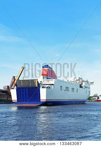 Cruise Liner On Venta River In Ventspils Of Latvia