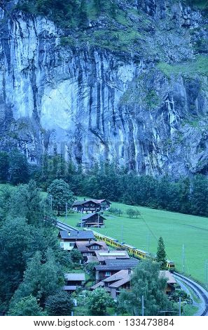 Lauterbrunnen in the Swiss Alps with 300m-high Staubbach Falls.