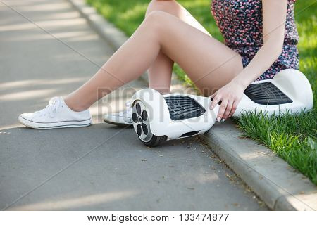 Girl With Electric Mini Hover Board Scooter Transport