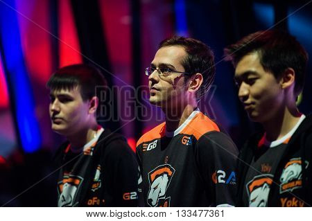 MOSCOW, RUSSIA - MAY 14 2016: EPICENTER MOSCOW Dota 2 cybersport event. Team Virtus Pro on the stage. Players yoky god nofear