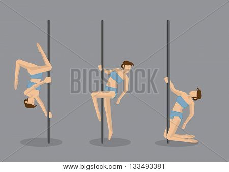 Set of three vector illustration of sexy lady doing pole dancing moves isolated on grey background.
