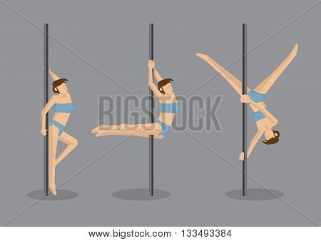 Set of three vector illustration of seasoned dancer doing challenging pole dancing moves isolated on grey background.