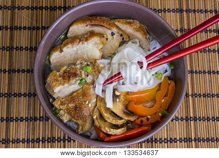 The stewed noodles with duck meat and vegetables on bamboo background with copypaste space