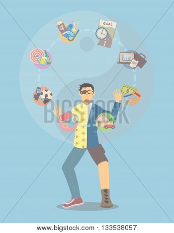 Man in separate clothing juggling life tasks with yin yang background