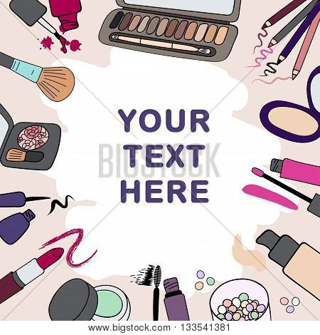 Background frame with makeup cosmetics products and strokes