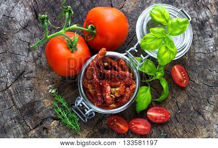 Sun Dried Tomatoes On Wooden Background