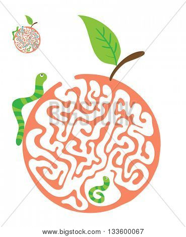 Maze puzzle for kids with caterpillars and apple. Labyrinth illustration, solution included.