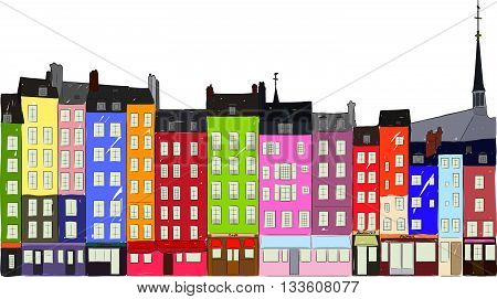 Bright colorful city houses of Honfleur on a white background. Hand-drawn sketch. Flat design.