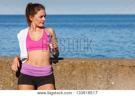 Woman Drinking Water After Sport Gym Outdoor