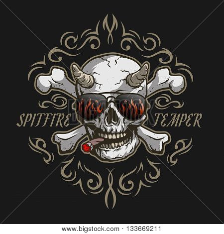 Bones of the skull. Demon in glasses and a cigar on a dark background with a pattern.