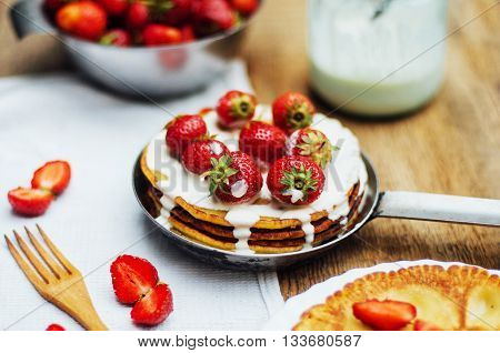 Strawberries And Whipped Cream  For Dessert. Pancakes With  Stra