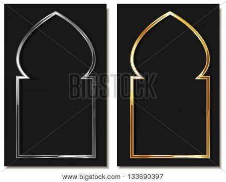 Eastern style metallic arc in gold and silver. Element of Islamic or Arabic interior decoration design. Window or door arc element. Eastern traditional element Isolated illustration. Vector.