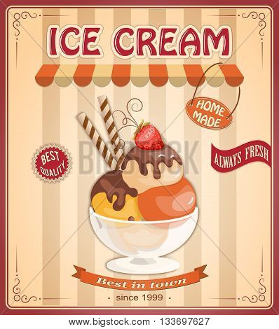 Vector illustration banner with home made current ice cream in the glass bowl and chokolate sauce on the vintage background. Text home made always fresh bect quality best in town. eps10