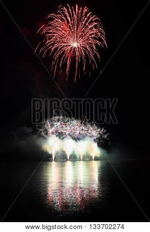 Beautiful Colorful Fireworks On Water. Brno Dam. International Fireworks Competition Ignis Brunensis