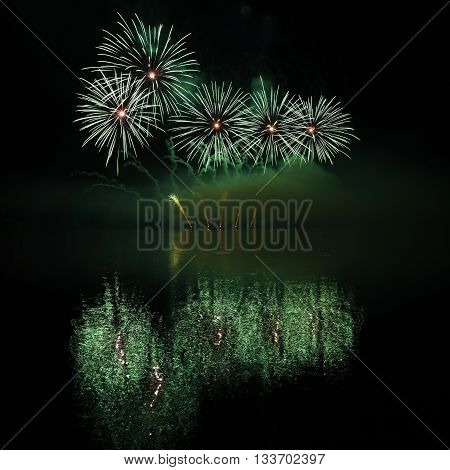 Beautiful Colorful Fireworks On Water. Brno Dam. International Fireworks Competition Ignis Brunensis
