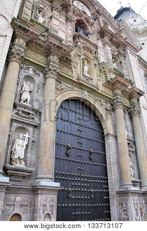 Main Entrance Portada Del Perdon Of Lima Cathedral In Peru.