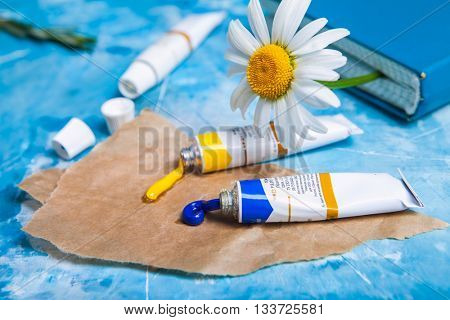 Summer Floral card with chamomile flower over blue vintage painted wooden background.