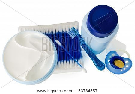 accessories for baby on white background banny a bottle of water cream