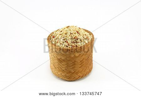 Raw Brown rice in bamboo box (Kratip) on white background
