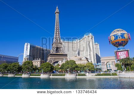 LAS VEGAS - MAY 21 : The Paris hotel in Las Vegas Nevada on May 21 2016. The hotel includes a half scale 541-foot (165 m) tall replica of the Eiffel Tower.