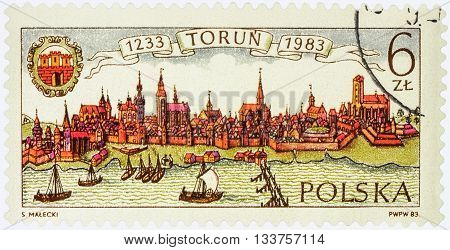 MOSCOW RUSSIA - MAY 17 2016: A stamp printed in Poland shows ancient Polish city Torun devoted to the 750th Anniversary of Torun circa 1983