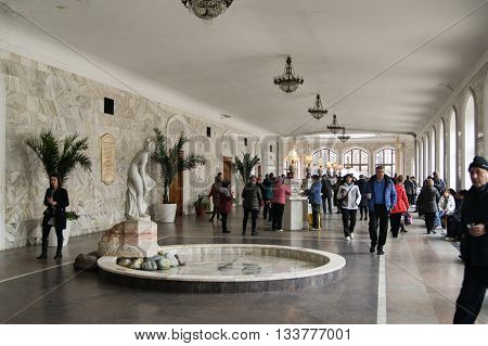 Pyatigorsk, Russia - 1 March, People in the Narzan Gallery,  1 March, 2016.
Resort zone Mineral Waters, Krasnodar region.
Interior Narzan gallery in mineral waters.