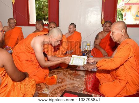 Nakhonnayok-thailand ,july 3 : Newly Ordained Buddhist Monk Pray With Priest Procession. Newly Ordai