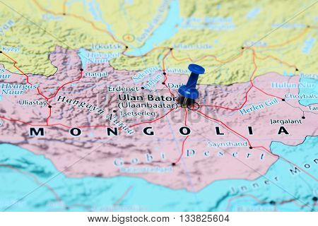 Ulan Bator pinned on a map of Mongolia
