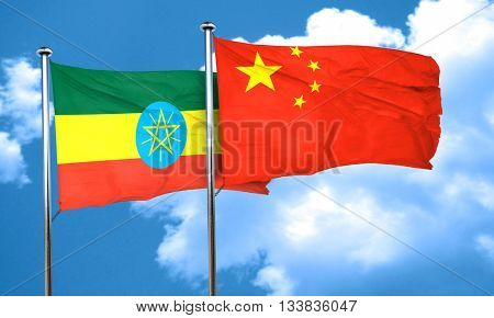 Ethiopia flag with China flag, 3D rendering 