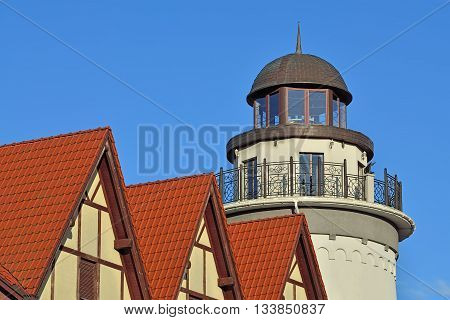 Lighthouse in the fishing village. Kaliningrad, formerly Kenigsberg, Russia
