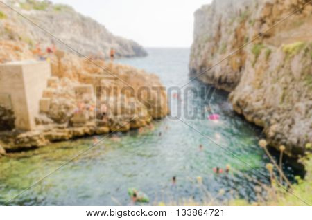 Defocused Background Of Scenic Seascape At Ciolo Bridge, Apulia, Italy