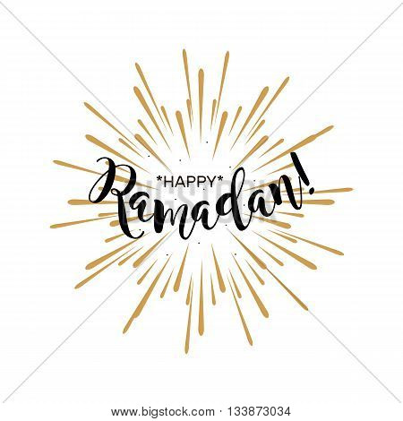 Happy Ramadan Kareem. Beautiful greeting card poster calligraphy black text word gold fireworks. Hand drawn design elements. Handwritten modern brush lettering white background isolated vector