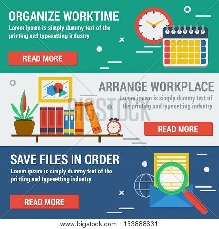 Vector horizontal banners organize your worktime. Planning keep files in order arrange workspace in flat style