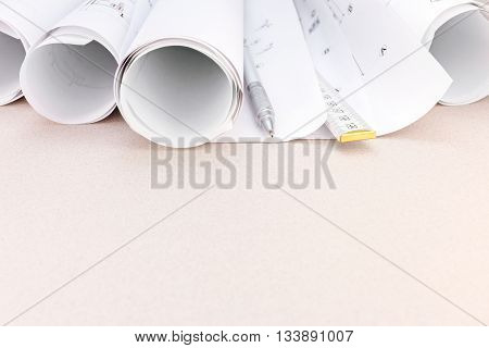 Architect Workspace With Blueprints, Pencil Folding Rule