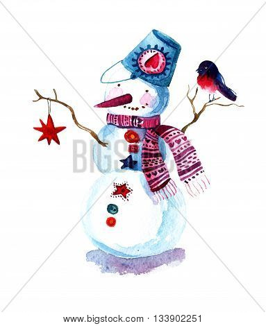 Hand painted Christmas background with snowman and bullfinch isolated on white. Watercolor raster illustration