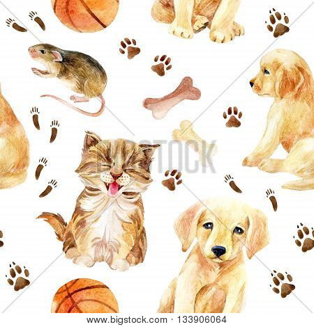 Kitten puppy and mouse seamless pattern. Cute cat dog and mouse with their footprints and toys. Hand painted watercolor illustration.